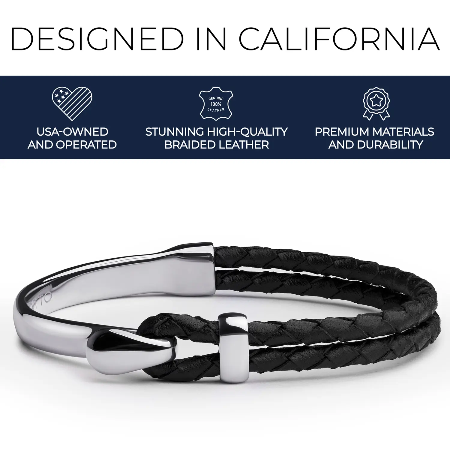 Elegatto Signature Gold Bracelet for Men | Braided Full-Grain Black Leather with 18k Gold-Plated Stainless Steel Hook Closure | Men’s Designer Jewelry Bracelets