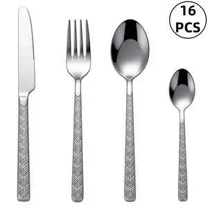 16Pcs Embossed Pattern Stainless Steel Cutlery Set, Mirror Polished Flatware Silverware with Knife Fork Spoon Dessert Spoon, Rustproof Dishwasher Safe Tableware for Home Kitchen, Family Meals And Holiday Gifts