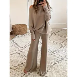 Casual Solid Color Ribbed Pantsuits, Long Sleeve Loose Top & Drawstring Wide Leg Pants Outfits, Women's Clothing Cotton Womenswear Fabric Bottom