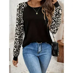A black plaid leopard print round-neck long-sleeved women's T-shirt - versatile, casual and fashionable outfitGift
