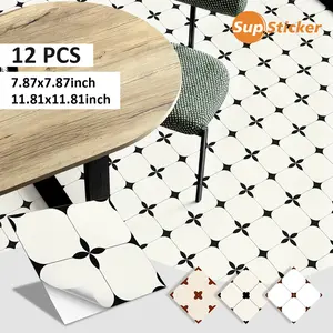 12pcs French Vintage Floral Tile Floor Stickers, Self-Adhesive PVC DIY Waterproof Durable Easy Install for Kitchen Living Room Balcony Waterproof PVC Material