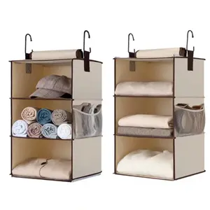 AISOON 2 Pack Hanging Closet Organizer and Storage 3-Shelf Separable Closet Organizer Heavy-Duty Canvas Fabric with Side Pockets for Dormitory RV Beige Racks Hangable