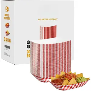 300 Pack 2lb Red White Checkered Paper Food Trays 2lb, 300 Pack Bulk - Heavy Duty Grease Resistant for Fries, Tacos, Popcorn, Hot Dogs - QSR, Family, Concession Trays