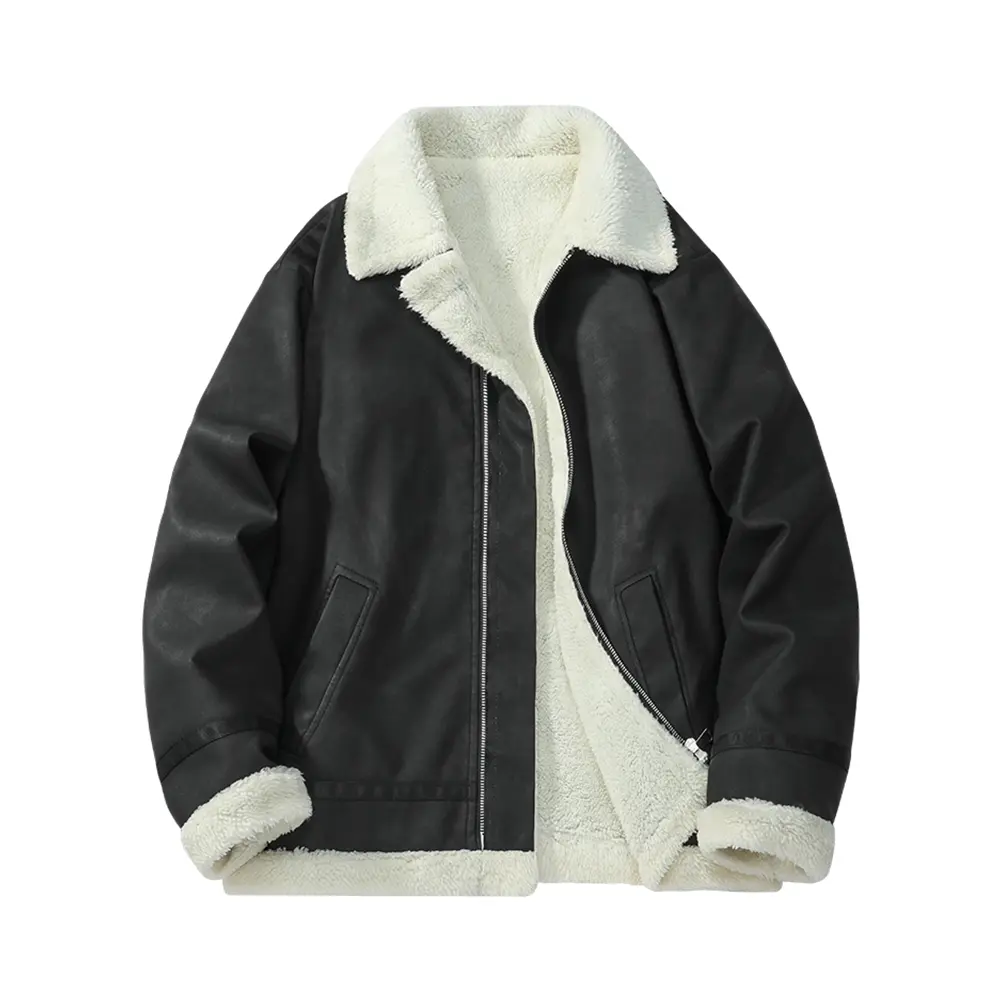 Men's Vintage Plain PU Leather Jacket - Thick Lamb-Wool Lining, Stylish Loose Fit, Warm Casual Coat for Autumn and Winter Menswear, Male Clothing, Baggy, Collared Neck, Fleece, Lapel