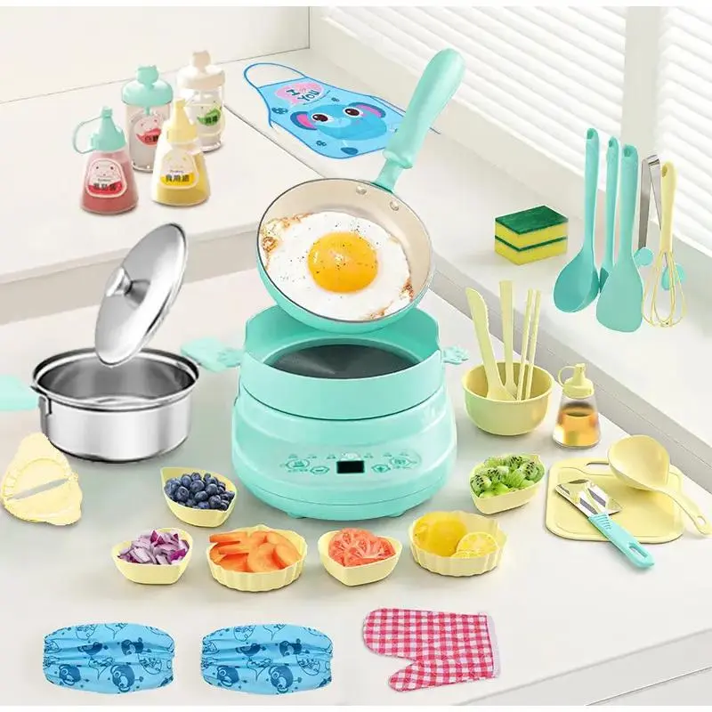Kids Mini Kitchen Play Set with Safe Knife Montessori Cooking Toys for Girls 8-12 Years Old Imaginative Role Play Gift Realistic Electric Kids Kitchen Set Induction Cooktop Kids Cooking Set