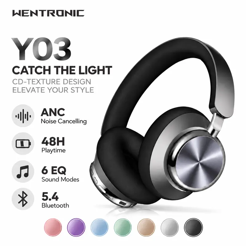 WENTRONIC Y03 Wireless Bluetooth Over-Ear Headphones with Active Noise Cancellation (ANC), Up to 60H Playtime, 6 EQ Modes, 40mm Drivers, Hi-Fi Sound, Foldable Lightweight Headset with Built-in Mic & 3.5mm AUX for Travel, Work & Home