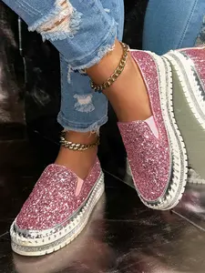 Women's Fashionable Glitter Rhinestone Decorated Slip on Loafers, Casual Comfortable Low Top Shoes for Daily Wear, Lightweight Breathable Shoes for Women & Girls, Rubber
