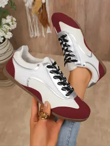 Women's White & Burgundy Color - Block Sneakers, Lace - Up Casual Walking Shoes, Stylish Daily Commute & Outdoor Sports Footwear, Comfortable Breathable Fashion Sneakers, Versatile Round - Toe Leisure Shoes, Lightweight All - Match Running Shoes