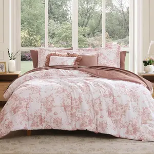 Twin XL Comforter Set -5 Pieces Floral Rose Bedding Set for All Seasons, Bed in a Bag with Botanical Flowers Comforter, Sheets, Pillowcase & Sham