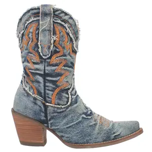 Dingo Womens Y'all Need Dolly Embroidered Round Toe Pull On Casual Boots Mid Calf Mid Heel 2-3" - Blue