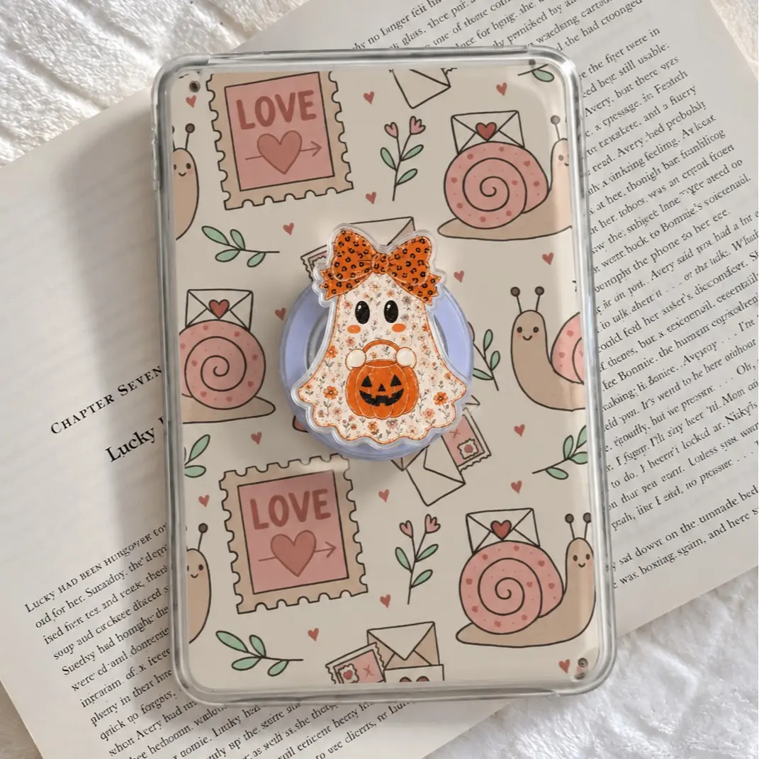 Pumpkin Floral Ghost & Leopard Bow Phone Grip, Halloween Pumpkin Kindle Grip, Spooky Cute Autumn Magnetic MagSafe Kindle Holder, Fall Aesthetic Reader Gift