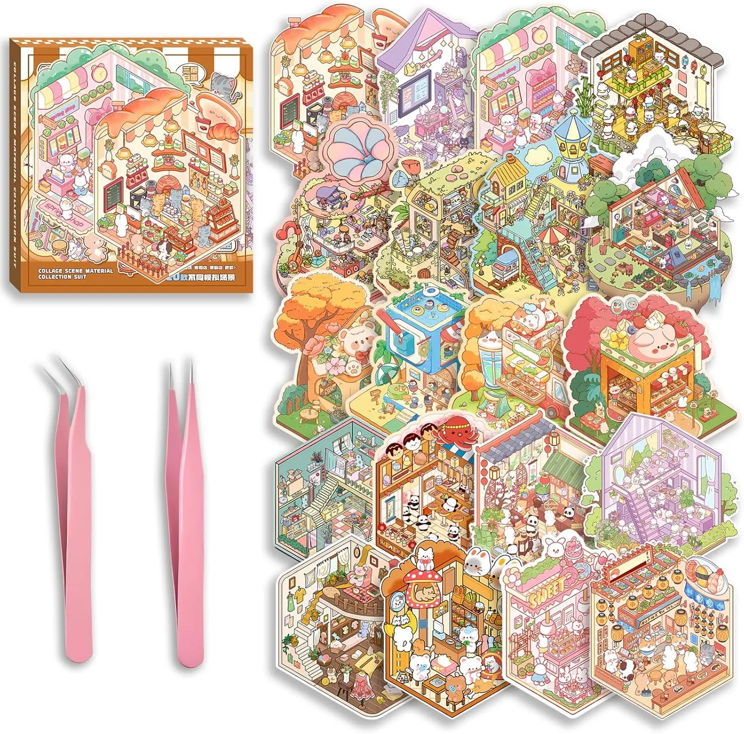 Summer Spring Gift New Year 2026 Gift DIY 3D Sticker Scenes 20 Sets of Stickers for Girls Make Your Own Mini Shop House Scene Stickers for Kids Cute Fun Cartoon Animal Sticker Therapy for Adult Relief Stress Pass The Time (A Sets Boxed)