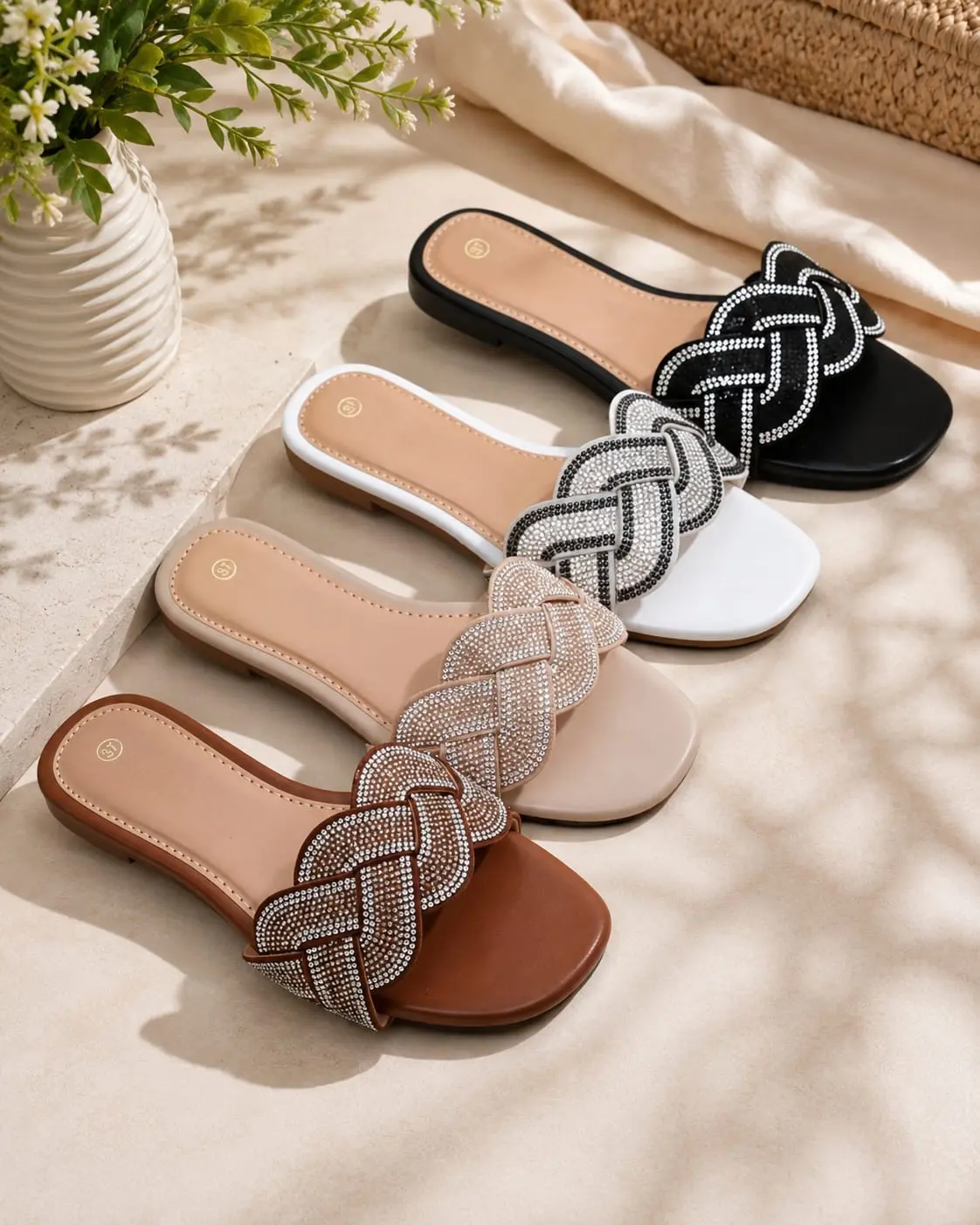 Women's Cute Beaded Mesh Sandals, Casual Chic Slip On Flats with PU Upper, Comfortable Lightweight Footwear for Summer Beach, Footwear For Beach, Sandals For Women, Cute Sandals