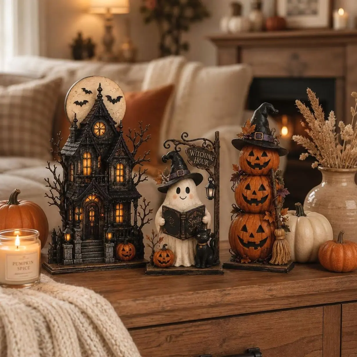 Haunted House Ghost Pumpkin Sign, Wooden Block Halloween Decor, Spooky Tiered Tray Shelf Table Centerpiece Gift for Fall Home