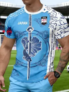 2026 Japan Football Theme T-Shirt, Samurai Sword Fighting Fish Print Short Sleeve, Quick-Dry Soccer Viewing Top, Sporty Fitted Style