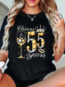 100% Cotton T shirts Cheers To 55 Years Old Happy 55th Birthday Queen Drink Wine T-Shirt Breathable & Comfort Fit Tee Women,Short Sleeve Crew Neck Top for All Seasons,Graphic Tees Women Tops