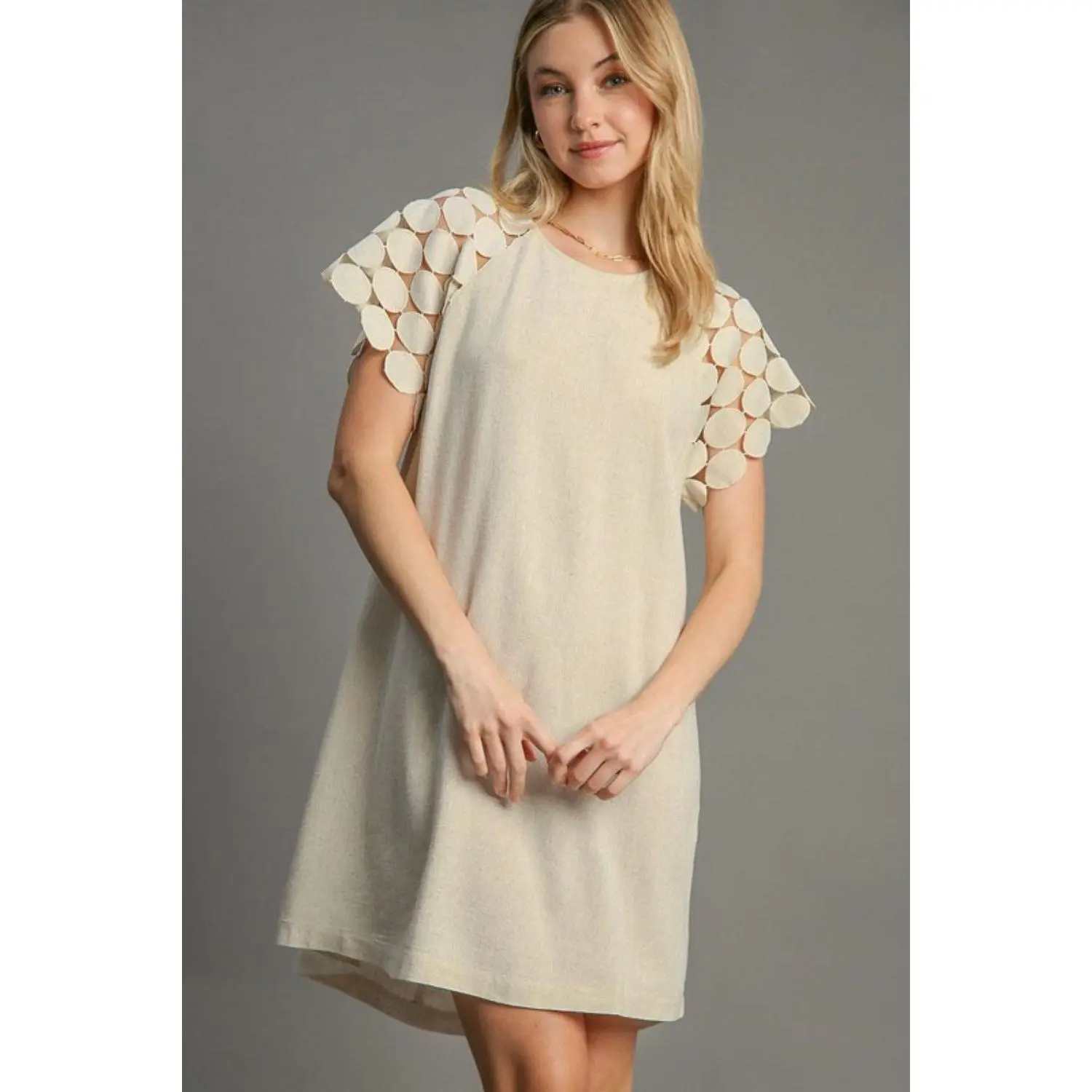 Full Size Round Neck Mini Dress Plus Size - Textured Lace Fabric Raglan Sleeves, Casual Style, 100% Cotton, Care Instructions: Machine Wash Cold