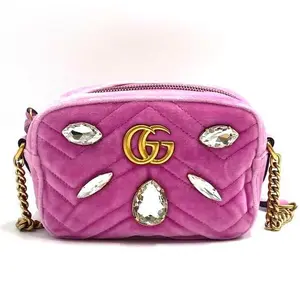 Pre-owned GUCCI Velvet Matelassé Marquise Crystals Mini GG Marmont Chain Shoulder Bag Malva