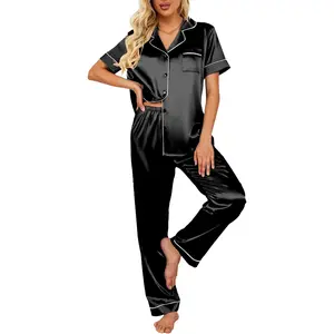 Silk Satin Pajamas Set Women Short Sleeve Sleepwear Soft Button Down Loungewear Pjs Set