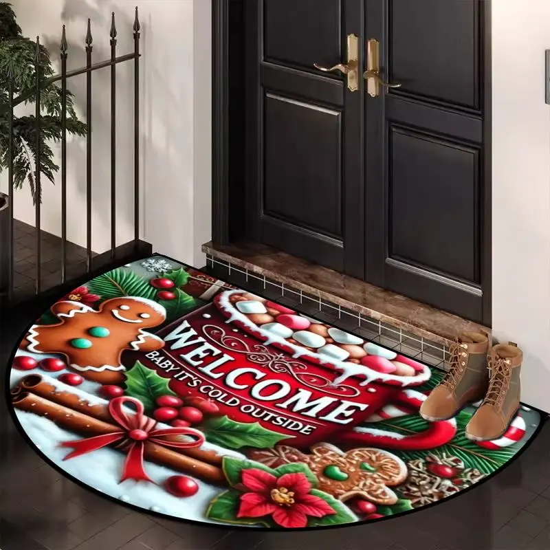 Christmas Style Vintage Welcome Gingerbread Man Hot Cocoa Print Half Round Entrance Rug, Soft Washable Carpet for Home Decor, Home Decorative Rug