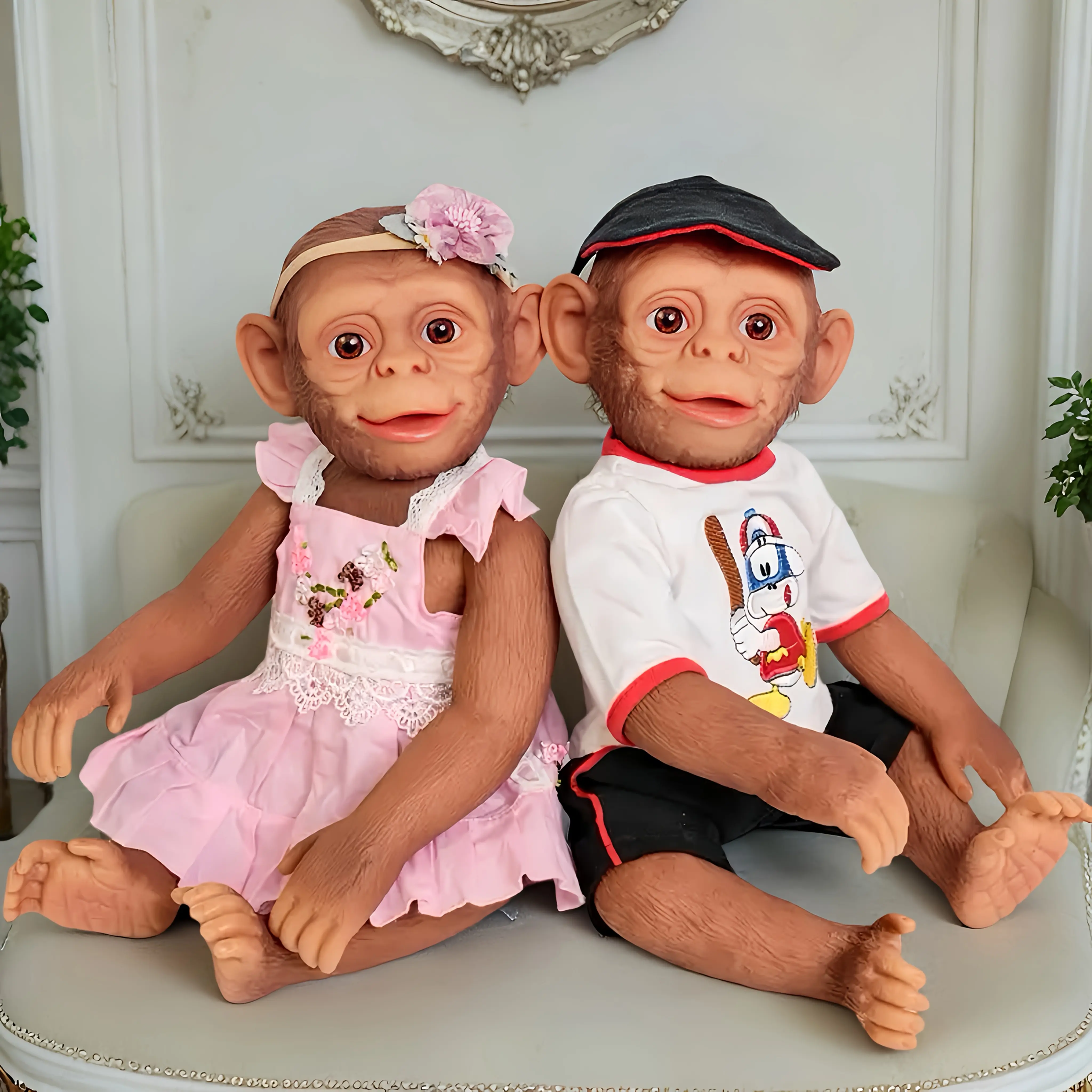 20-Inch Lifelike Vinyl Monkey Dolls - Hand-Painted Features, Soft Body, Poseable Limbs, Includes Pink Dress & Blue Overalls, Perfect for Kids’ Birthday & Christmas Gifts, Gift for Kids |   Fantasy Play Doll |   Vinyl Handmade Doll
