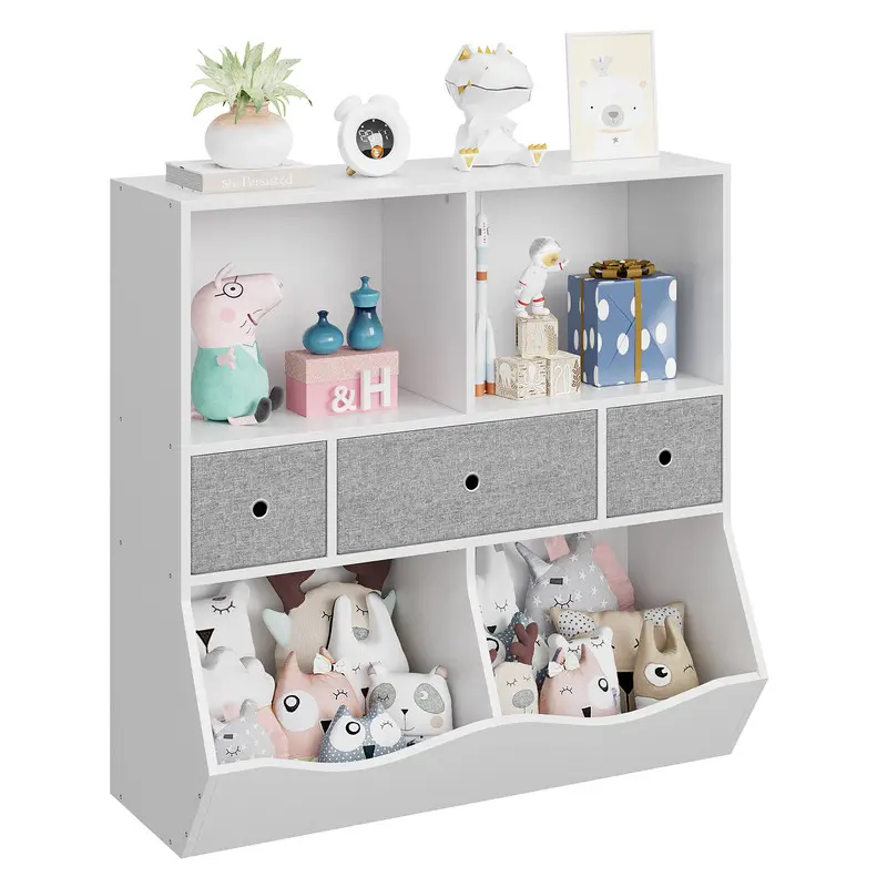 White Kids Tiered Bookshelf & Toy Storage Organizer - 3 Movable Drawers, 3-Tier Cabinet, 7 Cubbies, Bookcase Footboard, Anti-Tip, Stable Wide Base, Easy to Assemble, for Bedroom, Nursery, Entrance, Family Activity Room, Assembly Required