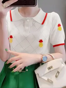Women's Pineapple Embroidery Hollow Out Contrast Trim Button Front Polo Collar Sweater, Casual Comfy Fashion Short Sleeve Jumper for Summer, Women's Knitwear for Daily Wear