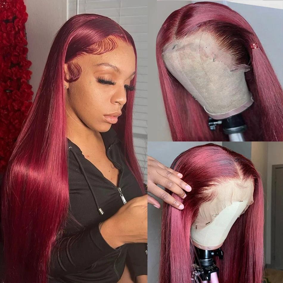 Bling Hair Straight 99J Burgundy 13x6 13x4 Lace Frontal Human Hair Wigs HD Transparent Lace Melt All Skins Ready to Wear Glueless Red Wig Raw Virgin Hair