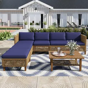 [New Color] PHI VILLA Outdoor Wicker Patio Conversation Furniture Set with Ottoman, Acacia Wood Coffee Table, Storage Sofa Lounge, Classic Durable Rattan Style, Navy