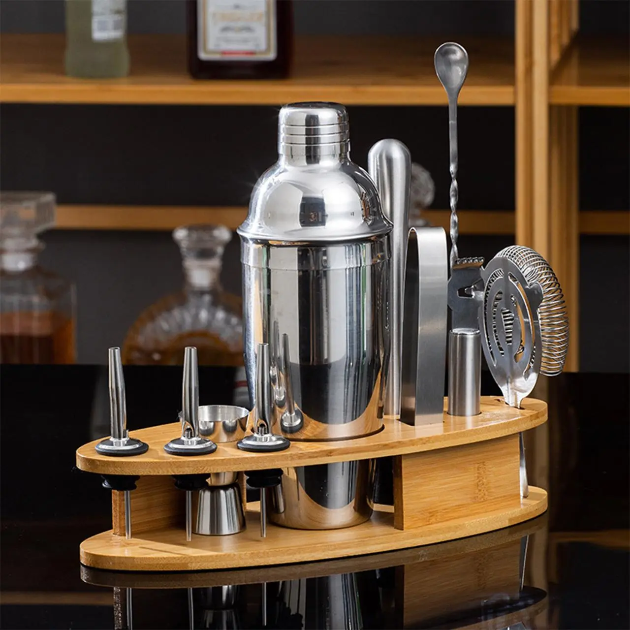 Stainless Steel Cocktail Shaker Set, 1 Set Cocktail Shaker with Wooden Stand, Bar Utensils for Home and Bar Use, Cocktail Accessories