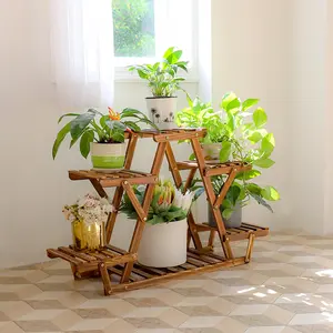 6-Tier Carbonized Wooden Plant Stand, Multi-Purpose Flower Pot Rack & Bonsai Display Shelf for Indoor Home Improvement (Living Room, Dining Room) & Outdoor Garden Supplies (Porch)