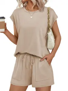 Ekouaer Two Piece Sets for Women Summer Crew Neck Lounge Short Sets Cap Sleeve Drawstring Vacation Outfits with Pocket