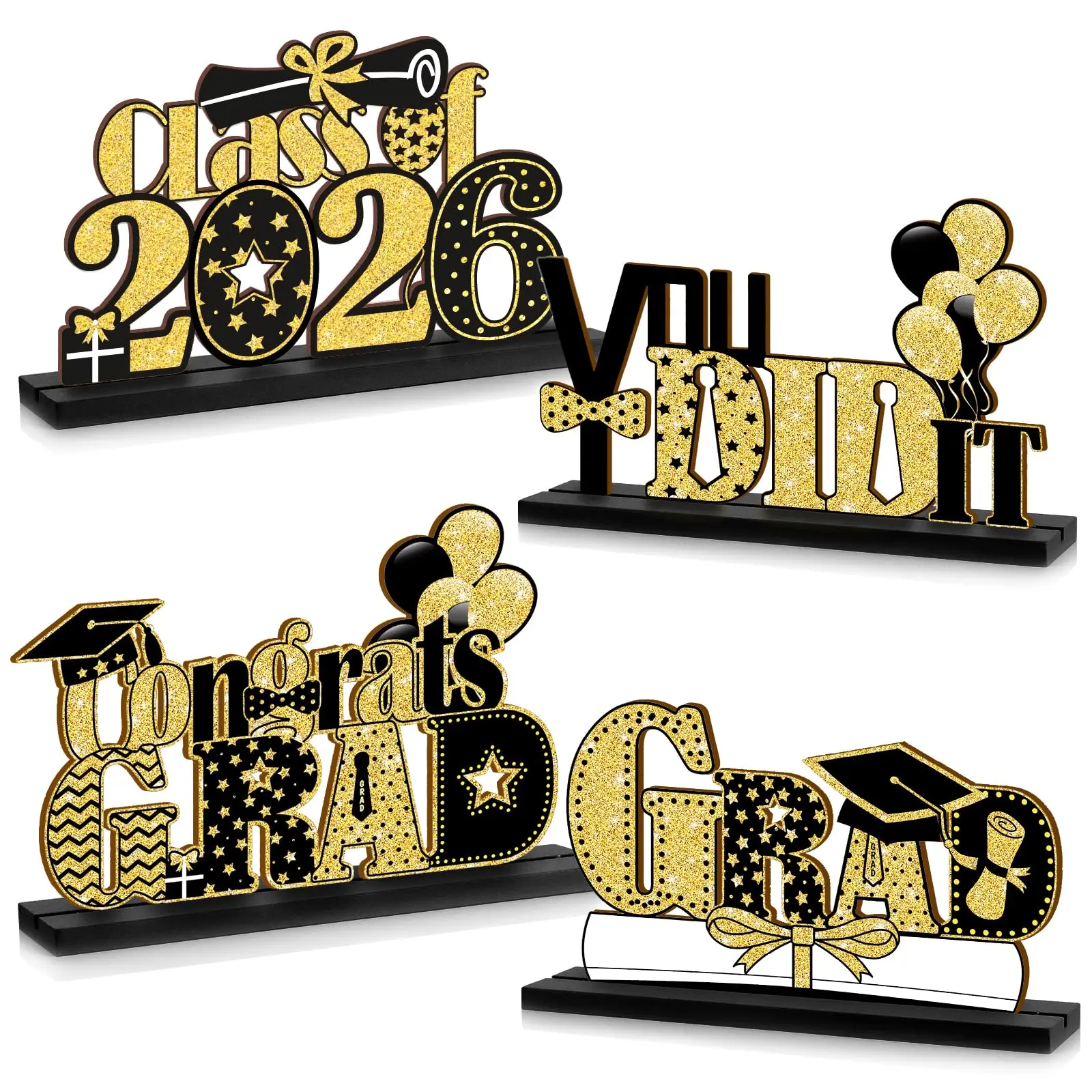 4 Pieces 2026 Graduation Party Decorations Wooden Class of 2026 Table Centerpieces “Congratulations” Table Toppers for High School/College Graduation Parties Favors Supplies Photo Booth Props