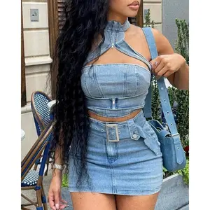 two-piece set woman Lady Hollow Out Denim Mini Skirt Outfit Set Sexy Women Elegant Two Pieces Jeans Club Matching Set Top+Cargo Skirt