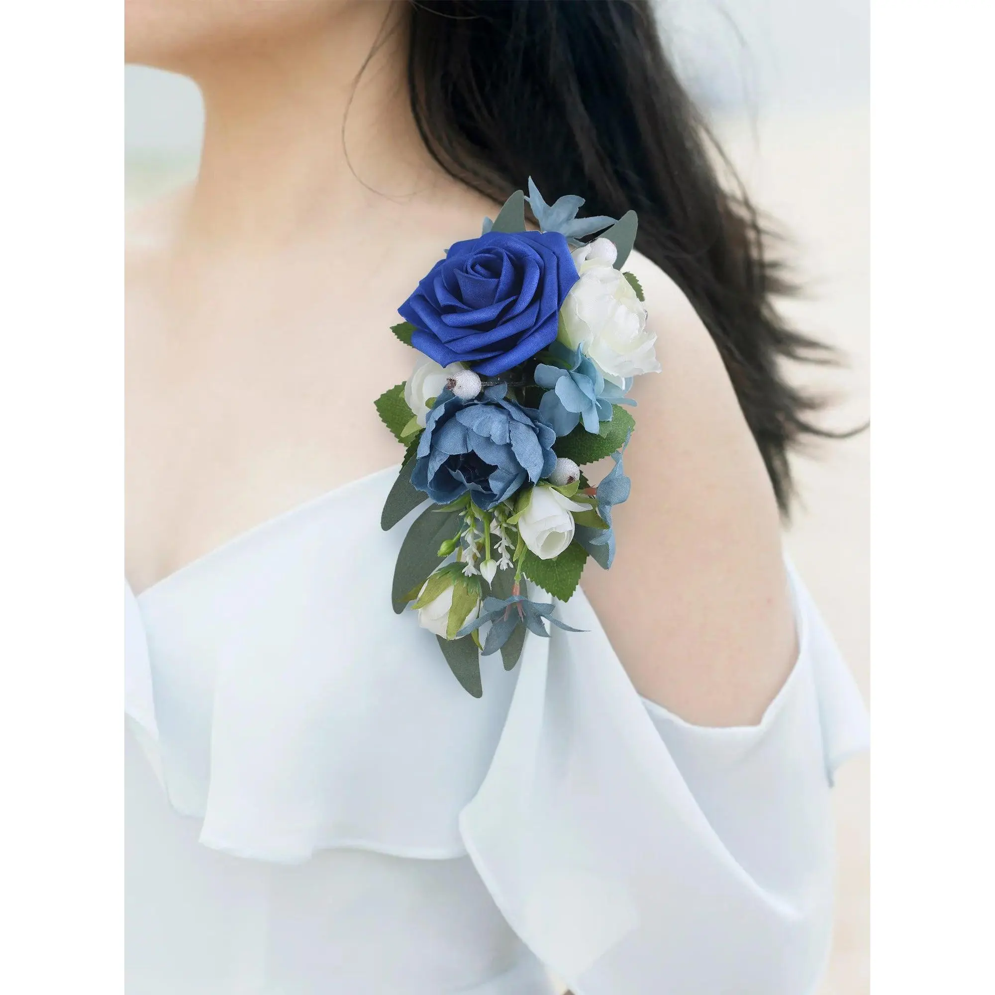Rinlong Silk Blue Rose Shoulder Corsage - 7.8x4.3" Wedding Decor Accessory for Mother, Festive Party Supplies, Flowers