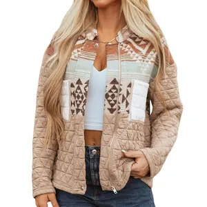 Asvivid Women's Quilted Patchwork Geometric Patterns Western Fashion Fall Winter Jacket with Pockets Casual Coats Long Sleeve Outerwear