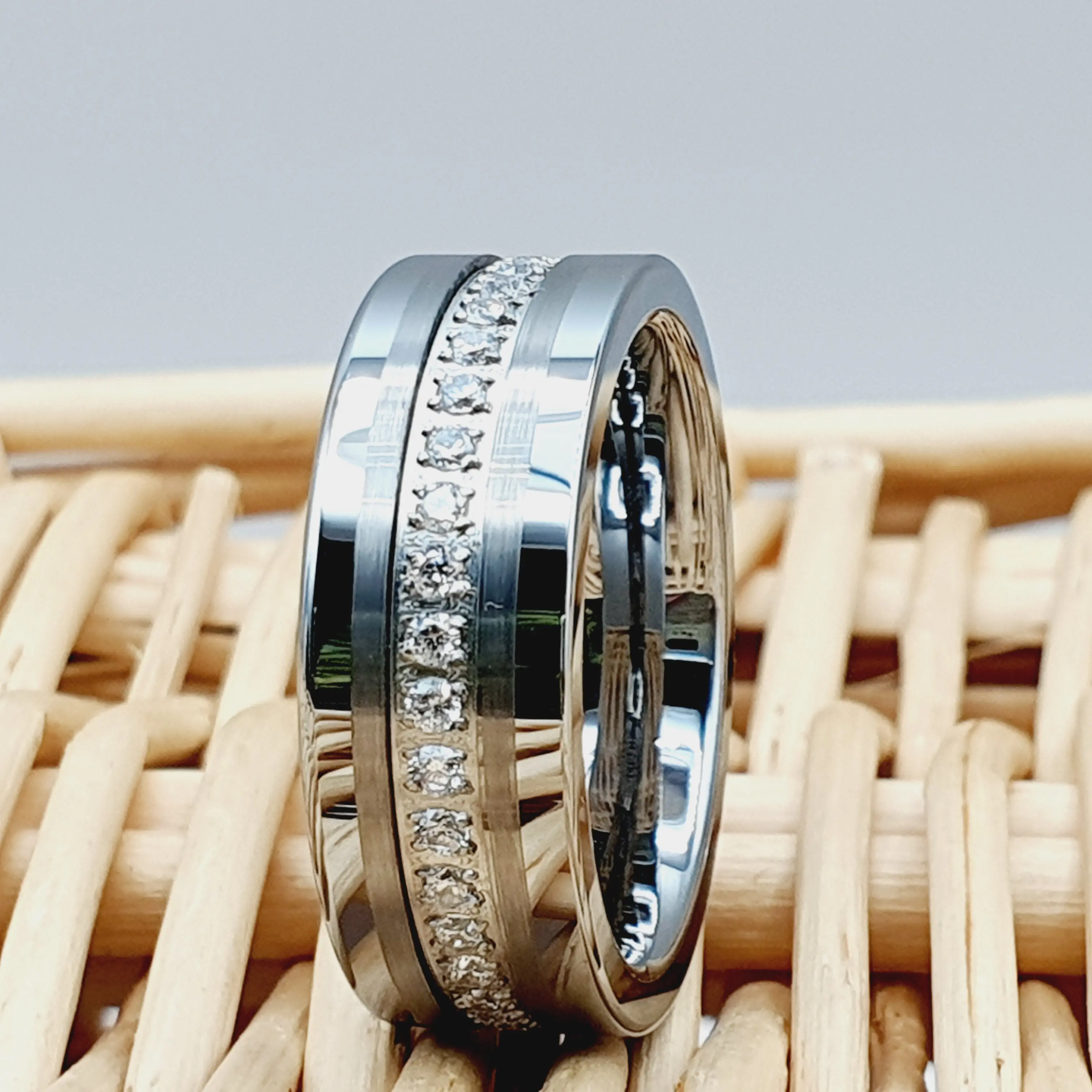 Men's Diamond Ring, Tungsten Band, Simulated Diamond Wedding Band