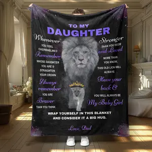Lion & Letter To Daughter Pattern Blanket, Slogan Print Blanket, 1/2 Counts Soft Throw Blanket, Air-conditioned Room Blanket, Warm Nap Blanket for Home Office Travel Camping