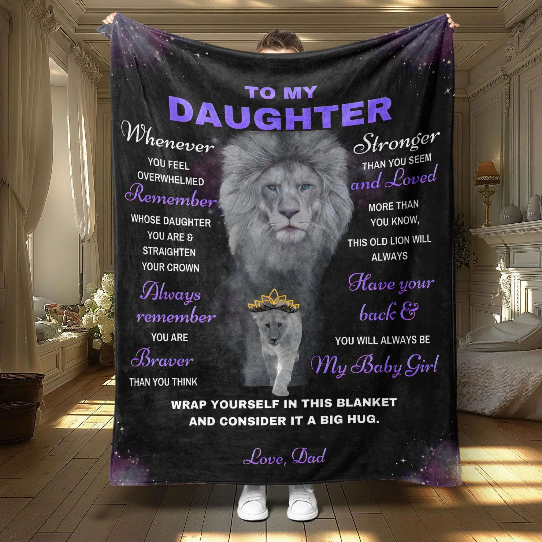 Lion & Letter To Daughter Pattern Blanket, 1/2 Counts Soft Throw Blanket, Air-conditioned Room Blanket, Warm Nap Blanket for Home Office Travel Campin