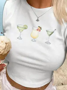 Women's Cartoon Cocktail Print Round Neck Crop Tee, Y2K Casual Short Sleeve Crew Neck T-Shirt for Summer, Fashion Women's Top for Daily Wear