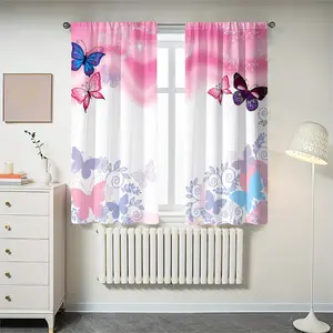 2 pieces of powder-painted butterfly pattern decorative curtains. They offer semi-transparent protection for privacy, are resistant to fading, can be hand-washed or machine-washed, and are suitable for bedroom and living room decoration.