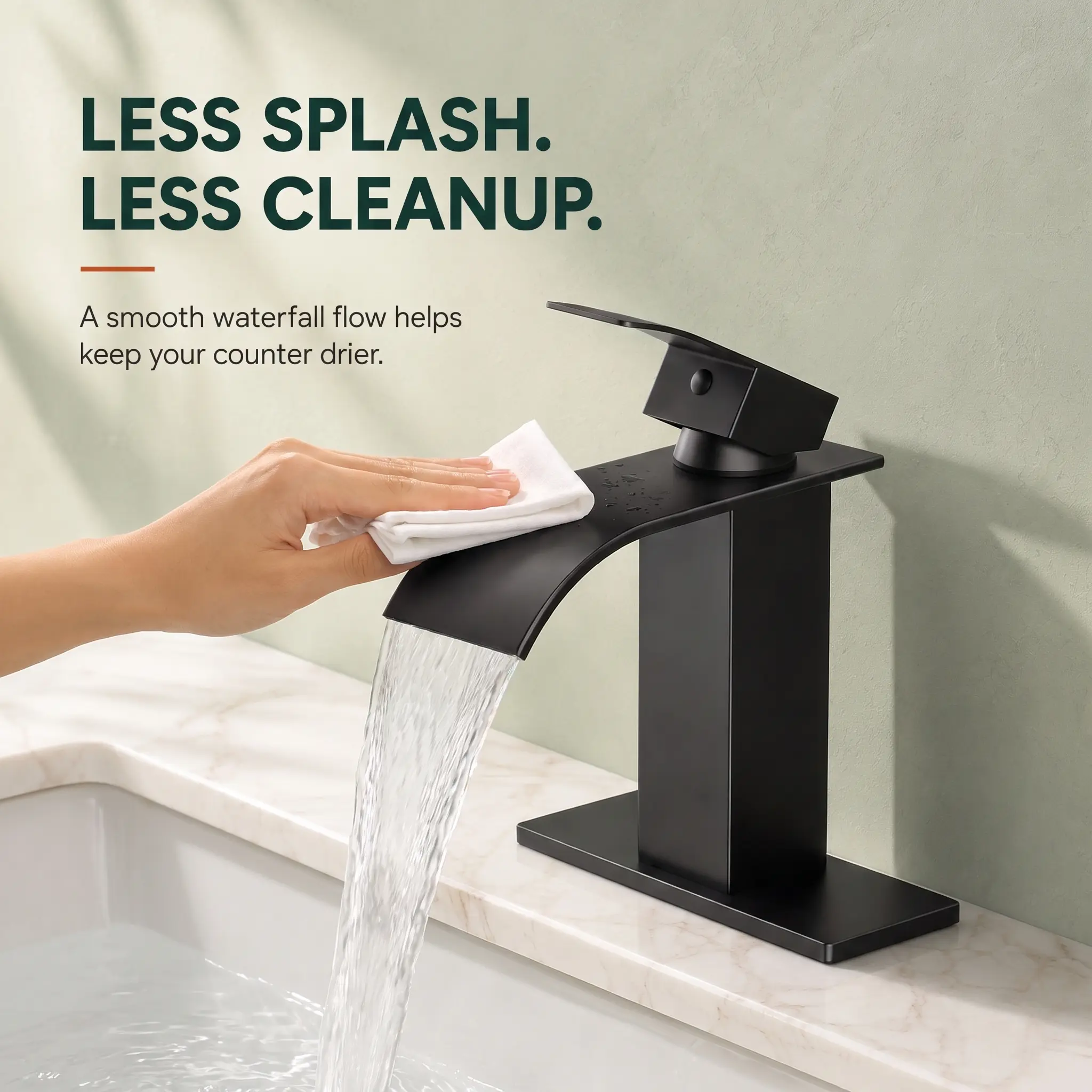 FORIOUS Waterfall Bathroom Sink Faucet, Single Handle, 1 or 3 Hole Standard Faucet with Pop-Up Drain, Deck Plate & 24-Inch cUPC Supply Lines, for Vanity, RV and Restroom Basins, Matte Black/ Brushed Nickel/ Gold/ Chrome