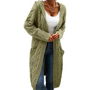Women Hooded Open Front Cardigan Cable Knit Sweaters Solid Color Chunky Long Sweater CoatsGift