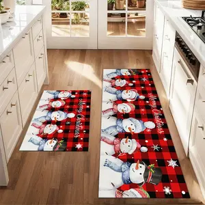 2Pcs Christmas and seven snowmen with black and red checkered background Floor mat set for farmhouse kitchen Rug restaurant floor laundry room decor carpet mat Farmhouse boho rugs