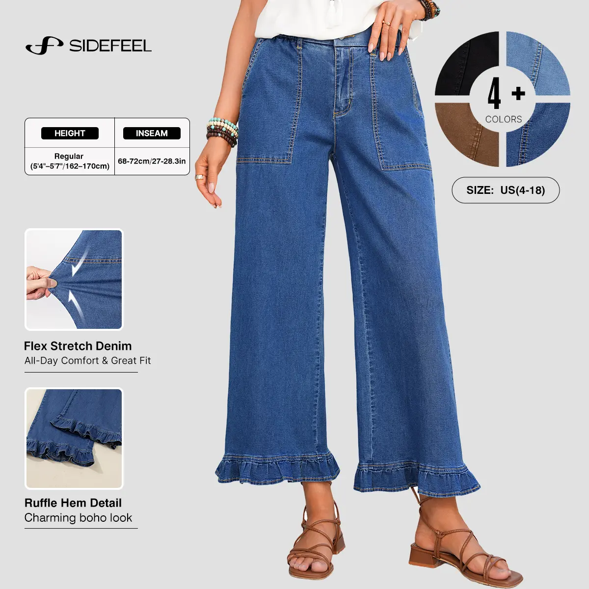 Sidefeel Wide Leg Jeans for Women Trendy Denim Jean Ruffle Hem Pants | Stretch, High Waisted, Baggy