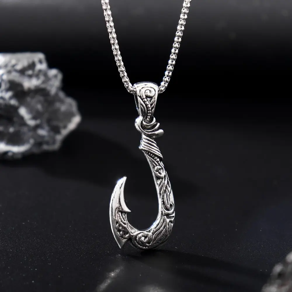 Men's Fish Hook Necklace, Retro Moana-Style Copper Charms, Gift-Ready Jewelry for Mother's Day & Birthdays, Heart Gem