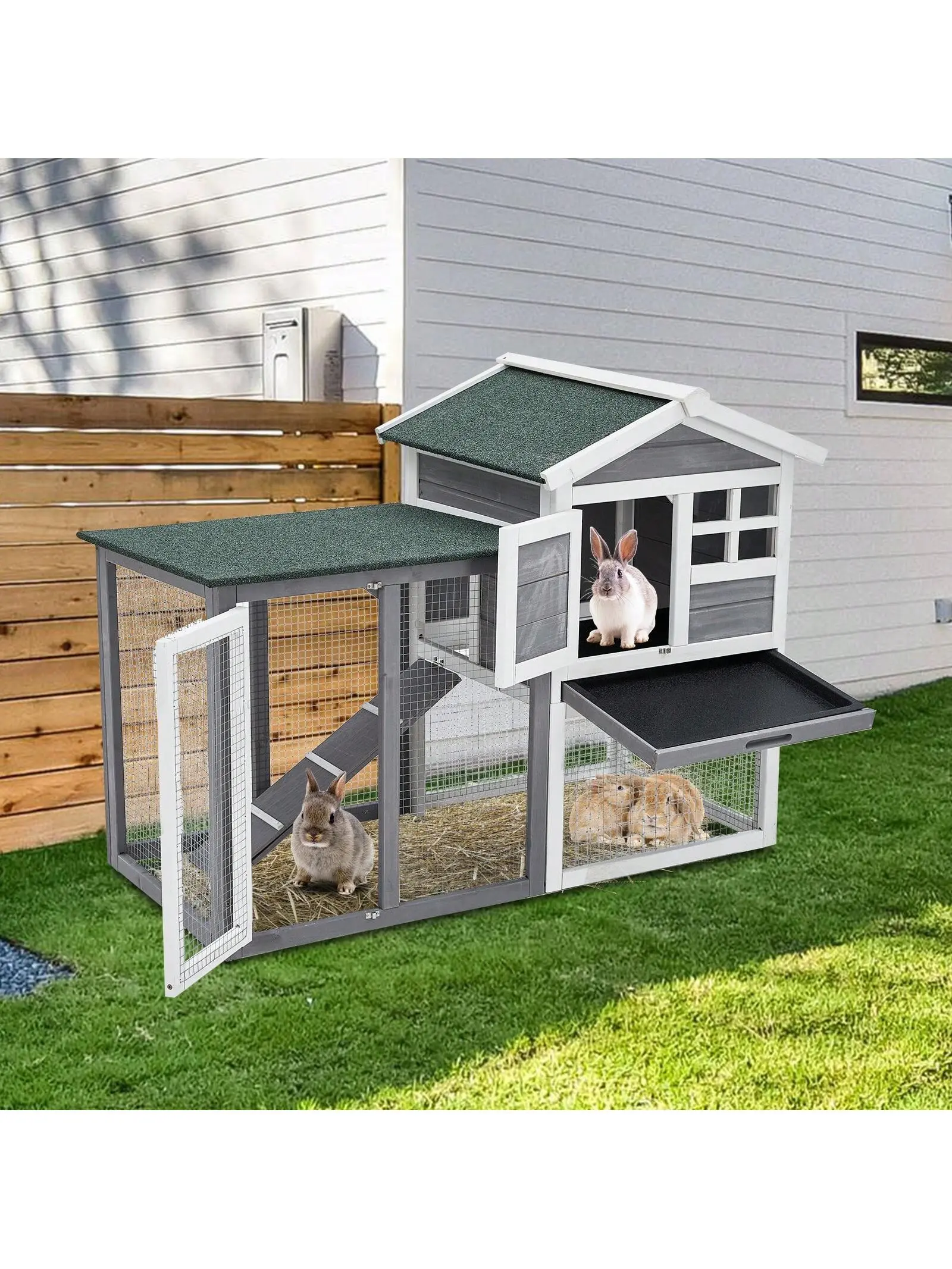 Garvee Wood Frame Rabbit Hutch - Large Floor Area Indoor-Outdoor Pet Cage for Small Animals