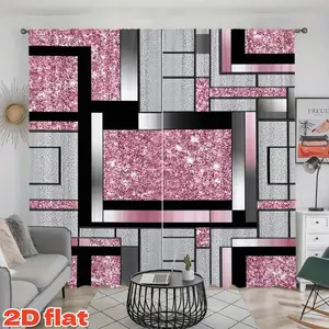 2D Flat 2Pcs Geometric Sparkle Curtain Panels, Modern Pink Glitter Diamond Design, Black and Silver Blocks, Rod Pocket Semi-Sunshade Privacy Curtains for Living Room Bedroom Dining Home Decor