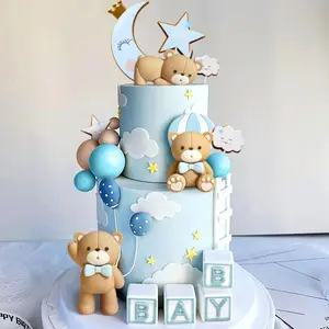 LaVenty cake shed cake topper gender revealBlue Bear Cake Decoration Set with Moon Star Clouds & Balloons for Baby Shower Birthday Party Cake Topper Decorations