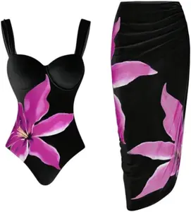 YOUNGDEER Women's Two Piece Swimsuit Set Floral One Piece Bathing Suit with Ruched Skirt Cover Up Modest Swimwear for Beach Pool Vacation